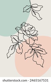 Abstract minimalist card with one continuous line bloom. Neutral earthy floral poster with black linear flower and geometric shapes.