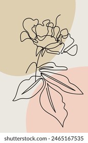 Abstract minimalist card with one continuous line bloom. Neutral earthy floral poster with black linear flower and geometric shapes.