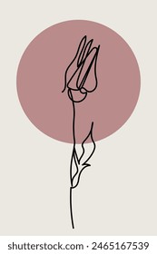 Abstract minimalist card with one continuous line bloom. Neutral earthy floral poster with black linear flower and geometric shapes.