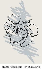Abstract minimalist card with one continuous line bloom. Neutral earthy floral poster with black linear flower and geometric shapes.