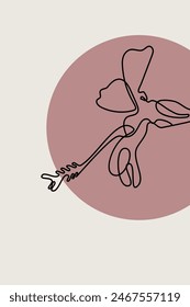 Abstract minimalist card with one continuous line bloom. Neutral earthy floral poster with black linear flower and geometric shapes.