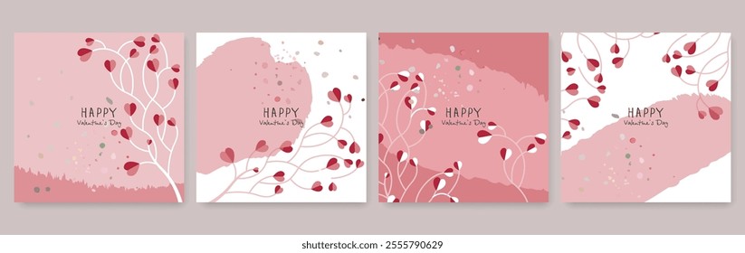 Abstract Minimalist Cards Set with Hearts. Vector Trendy Contemporary Wall Art Design in Modern Line Art Style for Valentine`s Day Design. Not AI