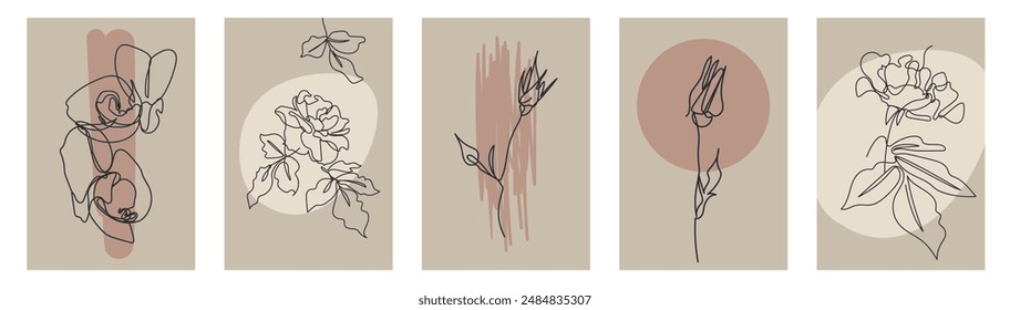 Abstract minimalist cards set with one continuous line bloom. Neutral earthy floral posters bundle with black linear flower and geometric shapes.