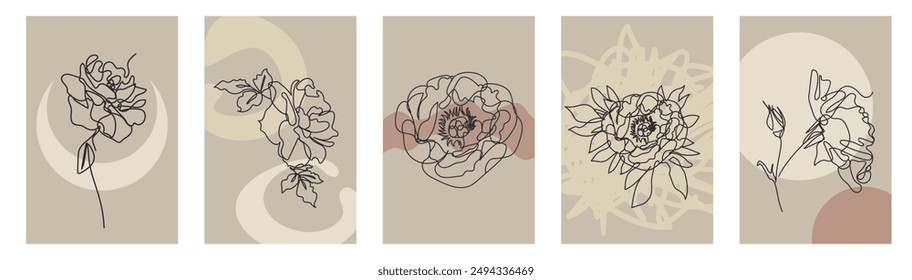 Abstract minimalist cards set with one continuous line bloom. Neutral earthy floral posters bundle with black linear flower and geometric shapes.