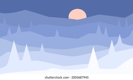 abstract minimalist cartoon winter season, xmas snow hills and pine trees forest landscape, scenery.vector illustration graphic texture