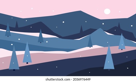 abstract minimalist cartoon winter season, xmas snow hills and pine trees forest landscape, scenery.vector illustration graphic texture
