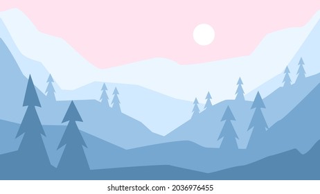 abstract minimalist cartoon winter season, xmas snow hills and pine trees forest landscape, scenery.vector illustration graphic texture