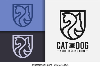 Abstract Minimalist Cat and Dog Logo Design Combined with Shield Symbol. Vector Logo Illustration.