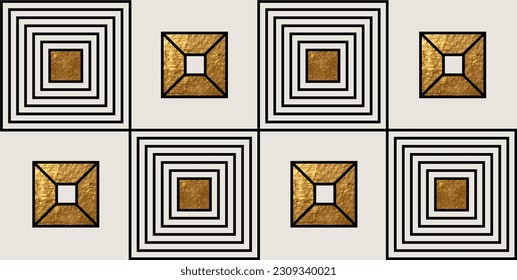 Abstract minimalist composition in beige, grey, white, black colors. Golden geometric shapes, squares design. Art deco balance composition. Seamless tile design.