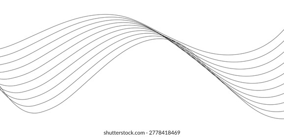 An abstract, minimalist composition featuring a series of thin, black parallel lines that flow in a graceful, undulating wave across a clean white background. This high-contrast design conveys a sense of fluid motion, rhythm, and modern elegance. The clean aesthetic makes it ideal for corporate presentations, technology-themed web headers, book covers, or architectural design elements. Its versatile, non-intrusive style is perfect for professional layouts requiring a touch of sophisticated dynamic movement without overwhelming the primary content.