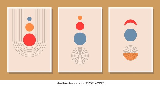 abstract minimalist compositions mid century style wall decoration with circles and arch lines in red, orange, blue, beige