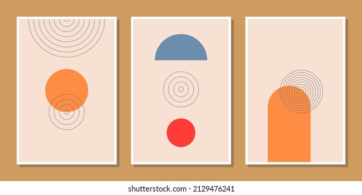 abstract minimalist compositions mid century style wall decoration with circles and arch lines in red, orange, blue, beige