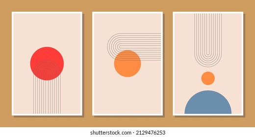 abstract minimalist compositions mid century style wall decoration with circles and arch lines in red, orange, blue, beige