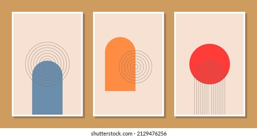 abstract minimalist compositions mid century style wall decoration with circles and arch lines in red, orange, blue, beige