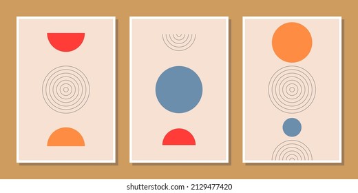 abstract minimalist compositions mid century style wall decoration with circles and arch lines in red, orange, blue, beige