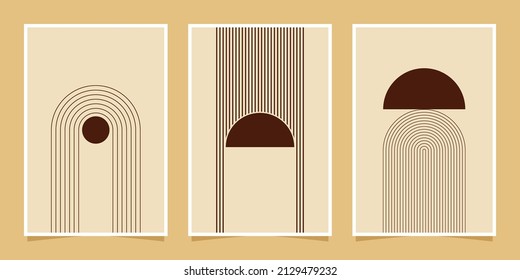 abstract minimalist compositions mid century style wall decoration with circles and arch lines in dark brown
