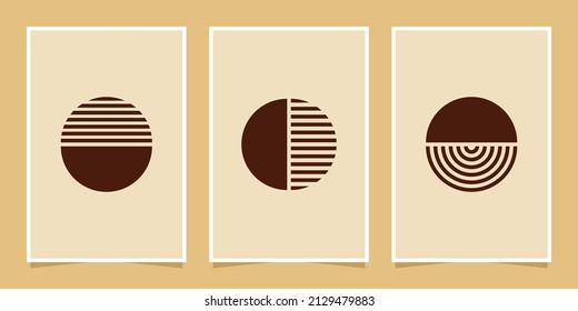 composiciones abstractas minimalistas de decoración de pared de estilo medio siglo con círculos y líneas de arco en marrón oscuro