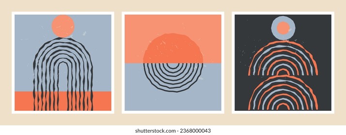 Abstract and minimalist compositions with primitive forms, inspired by Boho art and Mid-century modern.