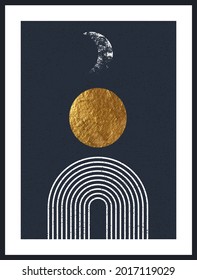 Abstract minimalist contemporary aesthetic background, poster. Geometric line balance shapes, rainbow, moon, sun. Boho wall art decor. Mid century modern style print. Canvas grunge texture.