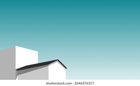  An abstract, minimalist depiction of a house with a dark roof and a simple white building. The structures are positioned at the bottom of the frame against gradient background.