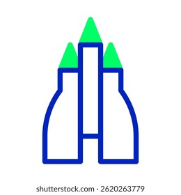 Abstract minimalist design depicting three stylized bottles with green caps