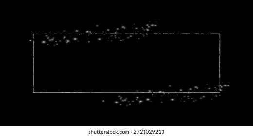 Abstractas diseño minimalista con un marco rectangular dibujado a mano blanco rodeado de sutiles partículas brillantes sobre un fondo negro. El contraste entre lo áspero