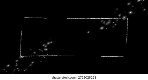 Abstractas diseño minimalista con un marco rectangular dibujado a mano blanco rodeado de sutiles partículas brillantes sobre un fondo negro. El contraste entre lo áspero