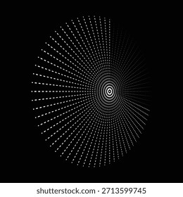 Una obra de arte digital abstracta y minimalista presenta un llamativo patrón de puntos blancos contra un fondo negro profundo. Los puntos están dispuestos para formar numerosas líneas radiales que emanan de un punto central