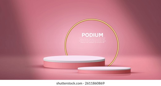 Abstract minimalist empty product display mockup design with pink gradient color. 3D pink podium design vector in an isolated background. Realistics promotion product sale studio background design.