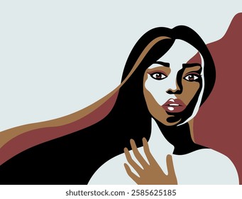 Abstract Minimalist Female Portrait with Flowing Hair and Earthy Tones