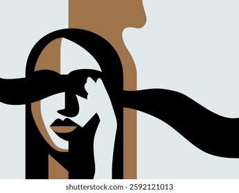 Abstract Minimalist Female Portrait with Flowing Hair and Earthy Tones