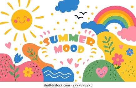Abstract minimalist flat vector illustration with organic playful shapes and vibrant colors . Cartoon sun, rainbow with cloud, spring, summer cute rainbow, sky object, hand-drawn vector design of hills, flowers for kids. Colorful Summer sunny day for background, banner, postcard, invitation.