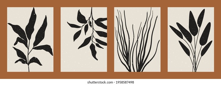 Abstract minimalist floral backgrounds. Boho posters plant silhouettes contemporary mid century aesthetic. Vector set