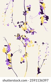 Abstract minimalist floral card with leaves and flowers. Vertical background with modern whimsical botanical design. Poster with cottage core plants.