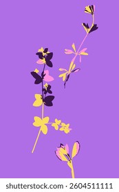 Abstract minimalist floral card with leaves and flowers. Vertical background with modern whimsical botanical design. Poster with cottage core plants.