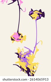 Abstract minimalist floral card with leaves and flowers. Vertical background with modern whimsical botanical design. Poster with cottage core plants.