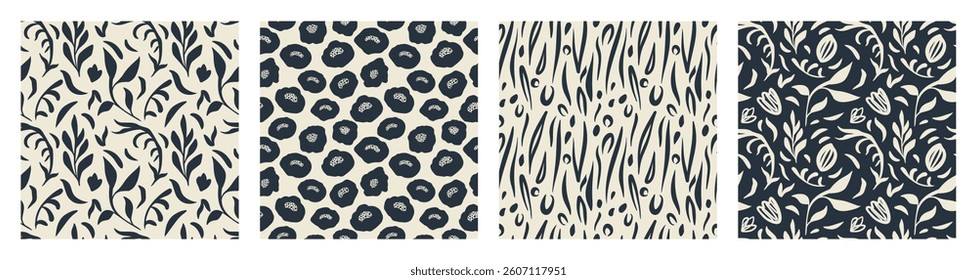 Abstract minimalist floral pattern set. Seamless botanical  print.