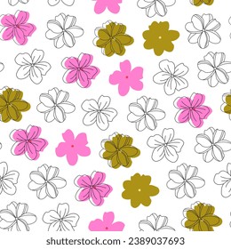 Abstract minimalist floral seamless pattern. Line art botanical flowers. Flower power. Summer and spring bloom. Doodles. Coloring book. Background, wrapping paper, digital paper.