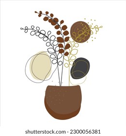 Abstract minimalist flower plant with leaves, template background, vector illustration, minimal plant, and organic shapes in earthy pastel colors on a banner.Template with leaf and shape design.