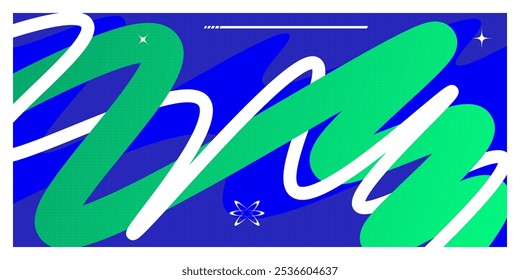 Abstract and Minimalist Futuristic Background with Wavy Shapes and Spheres in Blue and Green Color Combination. Suitable for Cover, Banner, Poster, or Landing Page Design