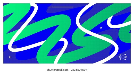 Abstract and Minimalist Futuristic Background with Wavy Shapes and Spheres in Blue and Green Color Combination. Suitable for Cover, Banner, Poster, or Landing Page Design