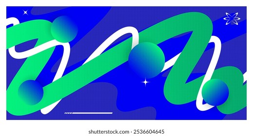 Abstract and Minimalist Futuristic Background with Wavy Shapes and Spheres in Blue and Green Color Combination. Suitable for Cover, Banner, Poster, or Landing Page Design