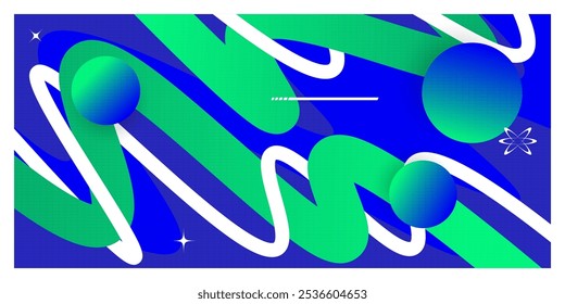 Abstract and Minimalist Futuristic Background with Wavy Shapes and Spheres in Blue and Green Color Combination. Suitable for Cover, Banner, Poster, or Landing Page Design