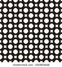 Abstract minimalist geometric background. Black and white seamless pattern with small geometrical shapes, circles, squares, grid, mesh, net, lattice. Subtle modern monochrome texture. Repeat design