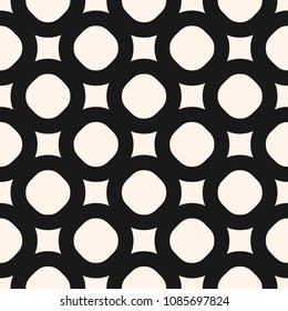 Abstract minimalist geometric background. Black and white seamless pattern with big shapes, circles, squares, grid, mesh, net, lattice. Stylish modern monochrome texture. Repeatable design element