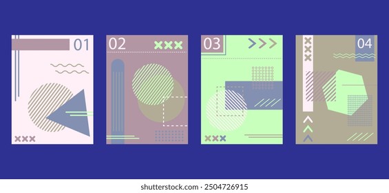 abstract minimalist geometric brochure book covers set in modern design. Memphis style background templates with circle, triangle, hexagonal and squares shapes elements composition