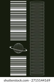 Composição geométrica minimalista abstrata com planeta estilizado, listras semelhantes a códigos de barras e coluna elíptica sobre fundo escuro, tecnologia de dados ou conceito de espaço