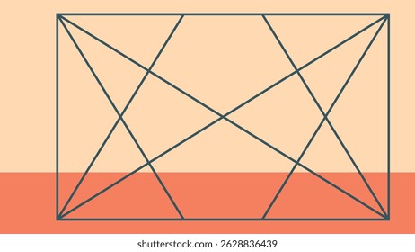 Projeto geométrico minimalista abstrato com linhas de cruzamento dentro de uma estrutura retangular, usando tons laranja quente e bege para uma aparência artística limpa.