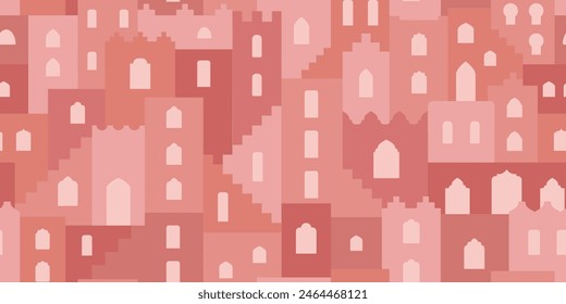 Abstract minimalist geometric moroccan landscape, city. Flat building shapes, stairs, arches seamless pattern like Marracech. Moroccan style background for wrapping paper, textile, fabric, banner