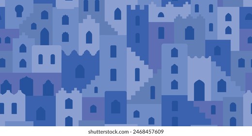 Abstract minimalist geometric moroccan landscape, city. Flat building shapes, stairs, arches seamless pattern like Chefchaouen. Moroccan style background for wrapping paper, textile, fabric, banner